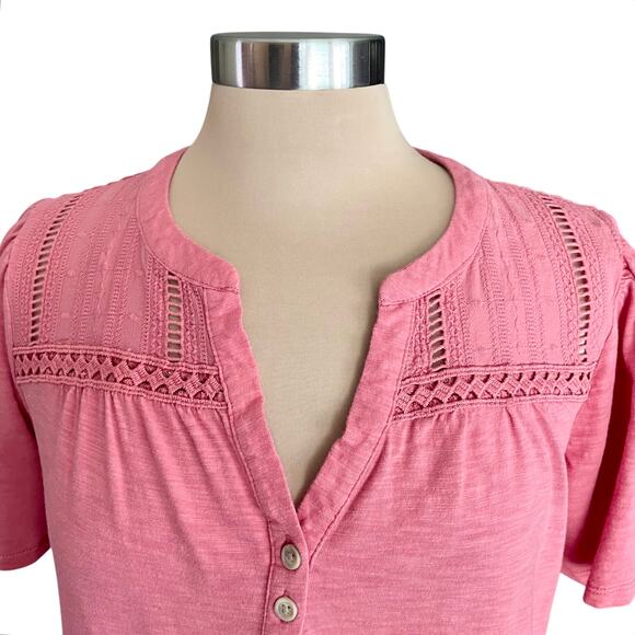 Knox Rose Coral Short Sleeve Top Lace Trim Sz M Boho Casual Summer Coastal Work - Picture 2 of 8